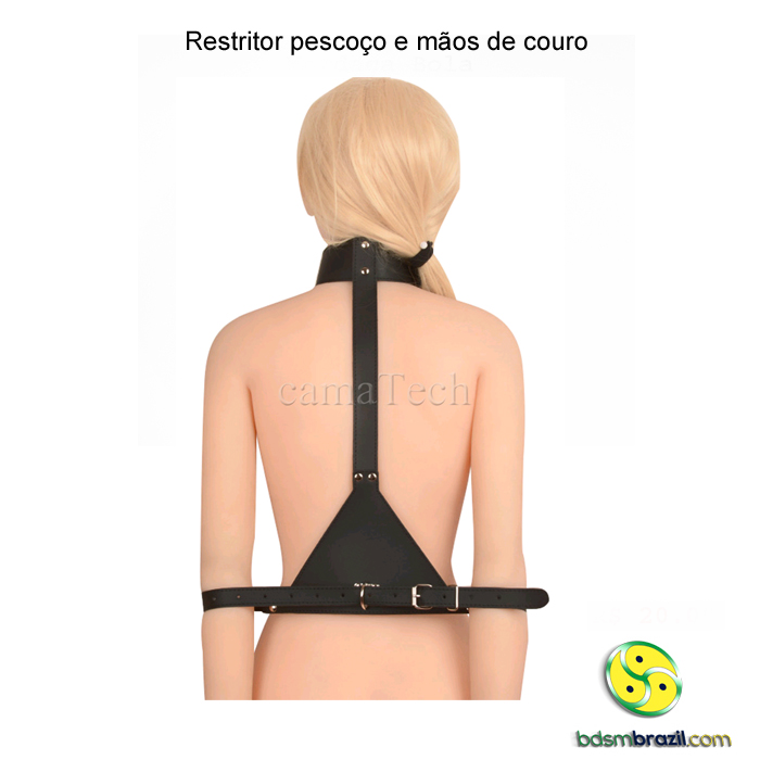 Restritor pescoço e mãos de couro com cadeado