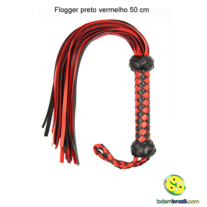 Flogger couro preto vermelho 50 cm