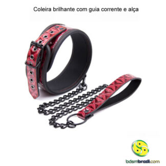 Coleira brilhante com guia corrente e alça – Vermelho