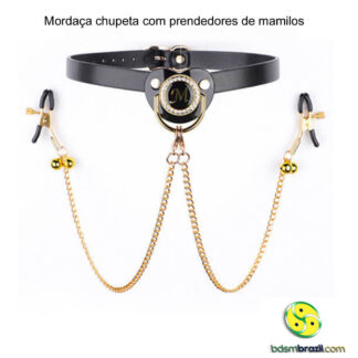 Mordaça chupeta com prendedores de mamilos