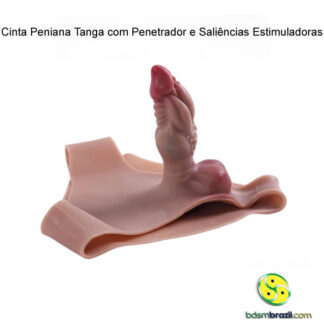 Cinta peniana estilo tanga  em TPE com penetrador texturizado de 13 cm, saliências estimuladoras, escroto e glande. Cintura até 140 cm. Compre com discrição!